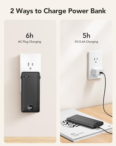 Portable Charger,Power Bank Built-in Cables and AC Wall Plug,VRURC USB C Portable Bank 10000mAh,Travel Essentials Phone Charger Compact Lightweight External Battery Pack for Smart Phones,Tablets-Black - color: Black