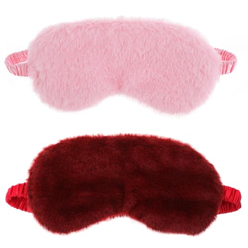 2 Pcs Plush Eye Mask Soft Sleeping Blindfold Eye Cover Comfortable Furry Faux Fur Sleeping Mask Satin Nap Night Eyeshade Cover for Women Men Gift (Pink, Red) - color: Pink, Red