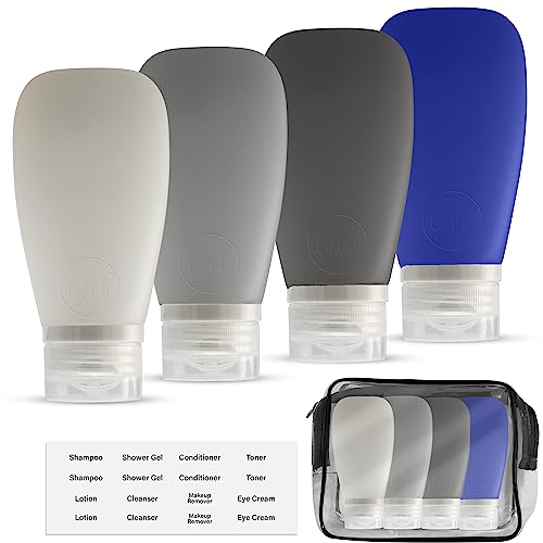 Travel Bottles for Toiletries, TSA Approved 3oz Leak Proof Silicone Refillable Squeeze Travel Size Containers BPA Free for Cleansers, Lotions, Shampoo, Conditioner 4pk With Bag(W,G,Blk,Bl) - color: Blue-Black-White-Gray