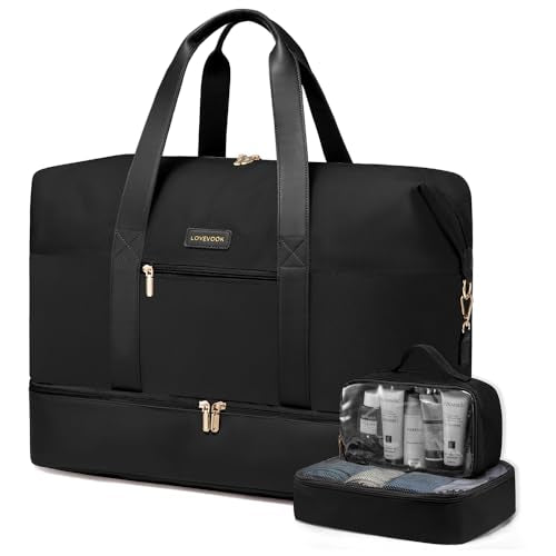 LOVEVOOK Weekender Bag for Women, Large Duffle Bag for Travel with 2 Packing Cubes, Carry on Overnight Bag with Shoe Compartment, Mom Hospital Bags for Labor and Delivery - color: P-Balck, size: 56L-3Pcs