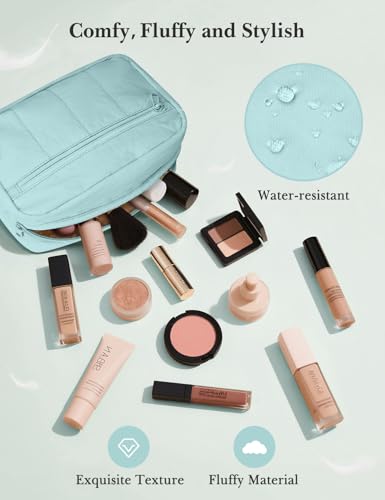 Noozion Makeup Bag Travel Toiletry Bag, Puffy Padded Cosmetic Bag for Women, Makeup Organizer Case, Wide-open Pouch Purse, Travel Essentials - color: Dusty Blue-Green