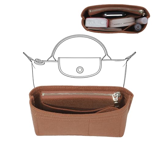 Felt Purse Organizer Insert Compatible with Longchamp Mini Pouch and More, Bag Insert for le pliage Original/Green Pouch with Handle/Extra Small Handbag Inner Shaper(Mini, Brown) - color: Gold Brown, size: XS Pouch