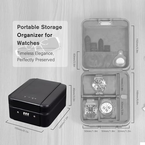 KAMIER Watch Case with Combination Lock - 4 Watch Storage and Jewelry Organizer - Watch Travel Case for Ring and Watch Storage, PU Leather Travel Watch Case, Ideal for Gift (With Gift Box),Black - color: Black