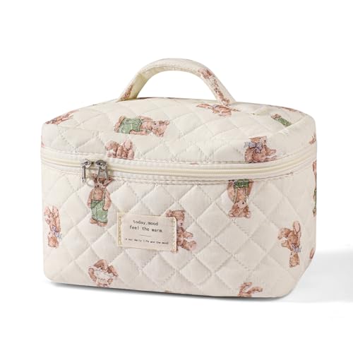 uekeboag Large Travel Quilted Makeup Bag for Women, Floral Cotton Cosmetic Bag, Coquette Aesthetic Floral Toiletry Organizer Bag - color: 03White-Bear