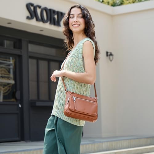 befen Anti Theft Genuine Leather Crossbody Bags for Women Handbags and Shoulder Basg with Built in Wallet RFID Leather Purse - color: Cognac Brown