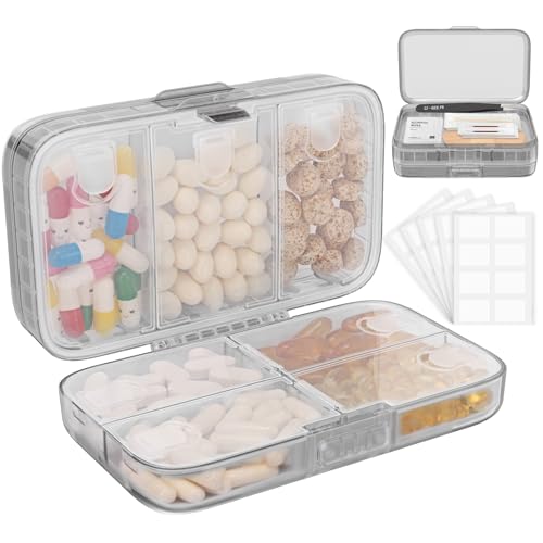 FYY Weekly Pill Organizer with Labels,8 Compartments Travel Daily Pill Case Airtight Moistureproof Large Pill Box to Hold Vitamins, Fish Oil, Supplements,Cotton Swab and Bandages-Grey - color: Grey