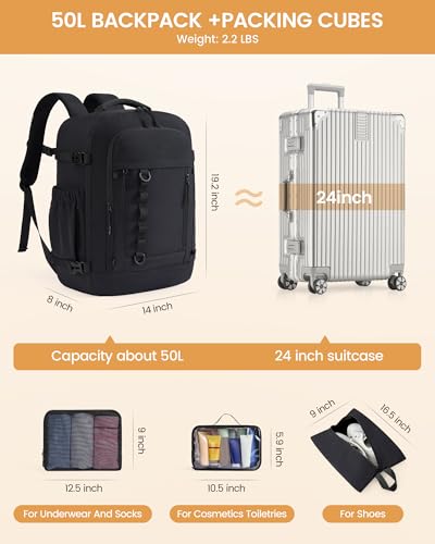 LOVEVOOK 50L Travel Backpack for Men Women, Waterproof Carry On Backpack for Work & Travel, Flight Approved Personal Item with 3 Packing Cubes, TSA Bag Fits 17.3" Laptop,Black - color: Black, size: X-Large-50L-4Pcs