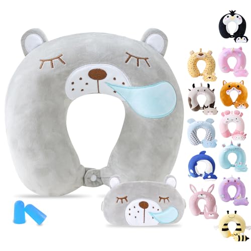 Cirorld Travel Pillow for Kids Adult Cute Neck Pillow for Traveling Memory Foam Airplane Pillow Sleep Mask Animal Flight Pillow Head Rest Neck Support for Cars Long Flights (Bear, 9-12 Y/O) - color: Bear, size: 9-12 Y/O