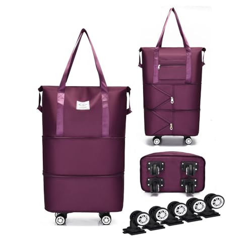 Expandable Foldable Duffel Bag with Detachable Wheels, 64L Large Capacity Rolling Travel Duffle Bag, Lightweight Carry on Luggage with Spinner Wheels, Weekend Gym Tote Bag (Deep Purple) - color: Deep Purple