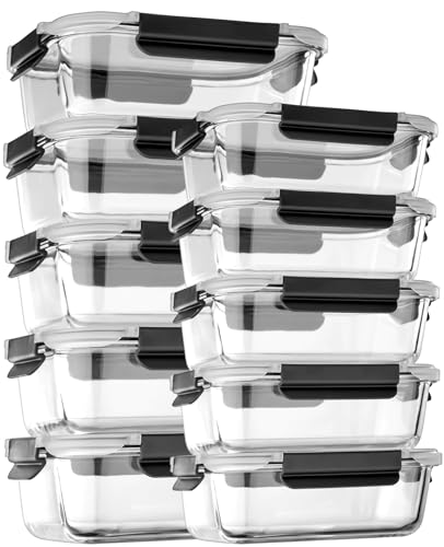 coccot Glass Food Storage Containers with Lids Airtight, Glass Meal Prep Containers with Snap Lids for Food, Bpa-free,Easy to Open&Close/Microwave,Oven,Freezer,Dishwasher Safe/Leak-proof [10 Pack] - color: Black