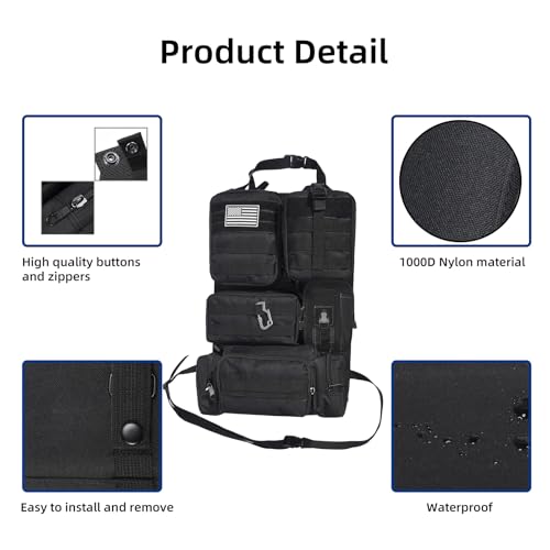 Tactical Car Seat Back Organizer,Tactical Molle Seat Back Organizer with 6 Detachable Molle Pouch,Universal Fits for Car Truck Jeep Vehicle Black - color: Black