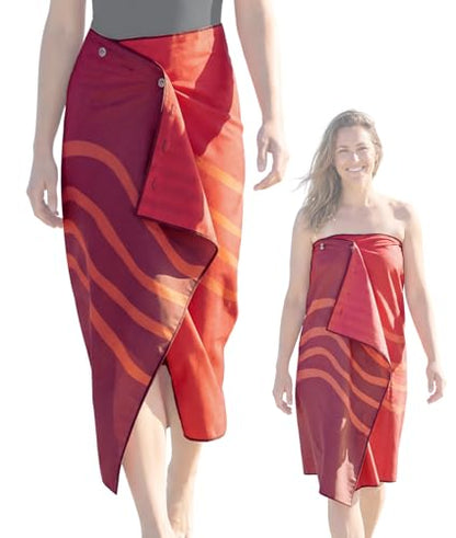 3-in-1 Wearable Beach Wrap & Lightweight Travel Towel – Sarong with Secure Button Closure, Quick-Dry Sand-Free Microfiber, Adjustable Fit (64”x33”, Fits S–4X), Compact Pool & Beach Essential - color: Red - Orange Wave