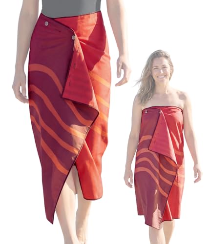 3-in-1 Wearable Beach Wrap & Lightweight Travel Towel – Sarong with Secure Button Closure, Quick-Dry Sand-Free Microfiber, Adjustable Fit (64”x33”, Fits S–4X), Compact Pool & Beach Essential - color: Red - Orange Wave