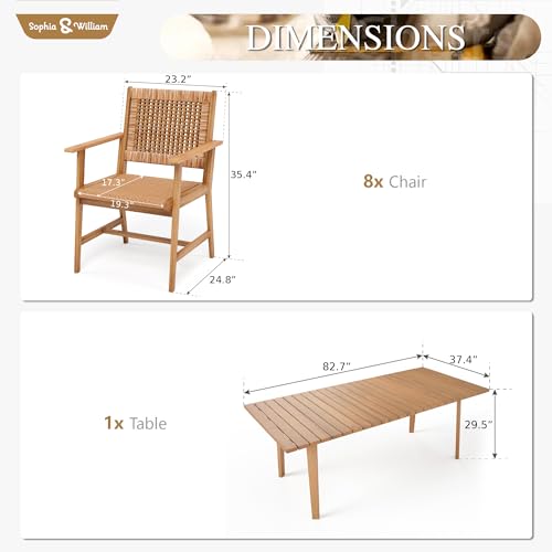 Sophia & William Outdoor Dining Set, Patio Furniture Set with Table and Chairs Set Wooden, Rattan Furniture Set of 8 Chairs and 1 Acacia Wood Rectangular Table for Yard, Garden, Porch and Poolside - size: 8 Seats