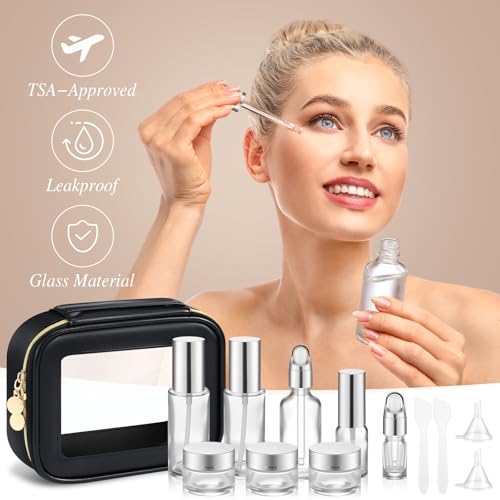 Jingmore 13 Pcs Glass Skincare Travel Containers Mini Makeup Containers Travel Size Toiletries Bottles with Pump Spray and PU Leather Toiletry Bag for Liquid Serum Cream Moisturizers Oils (Silver) - color: Silver