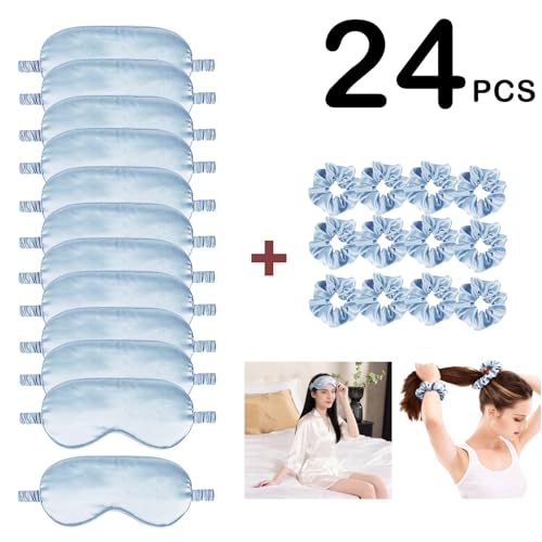 24Pcs Satin Eye Mask Silk Sleep Masks Silky Eyes Cover Blackout Blindfold Eyeshade Scrunchies Hair Ties Travel Wedding Gift - color: Azure