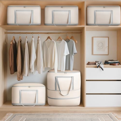 DIMJ Comforter Storage Bag - 120L Large Blanket Storage Compression Bags with Handles, Washable Clothes Storage Totes for Moving Closet, Space Saving Organizer for Bedding Comforter Blanket - color: Beige, size: 120L x 2 Pack