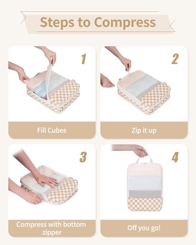 Narwey 6 Set Compression Packing Cubes for Travel Women Men, Travel Cubes for Carry On Suitcase, Durable Compression Luggage Organizer Bags - color: Z-Light Checkerboard