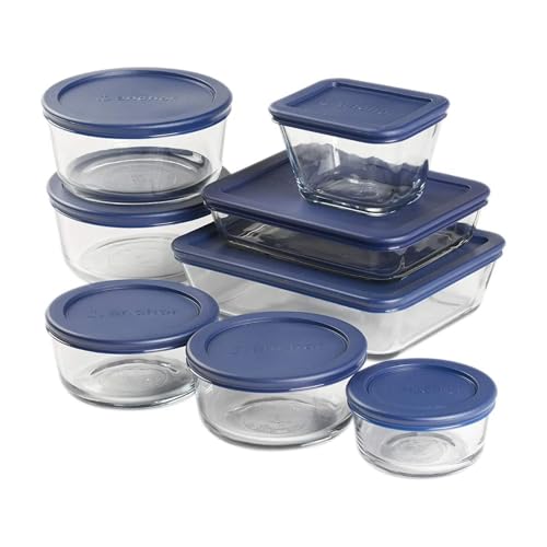 Anchor Hocking 16 Piece Glass Storage Containers with Lids (8 Glass Food Storage Containers & 8 Navy Blue SnugFit Lids) - color: Navy Blue, size: 16 Piece Set