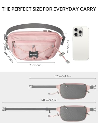WATERFLY Lightweight Small Fanny Pack: 1.5L Mini Slim Crossbody Waist Belt Hip Bag with RFID Blocking, Anti-Theft & Water Resistant Pouch for Women Men Travel Hiking Running Walking EDC - color: Pink