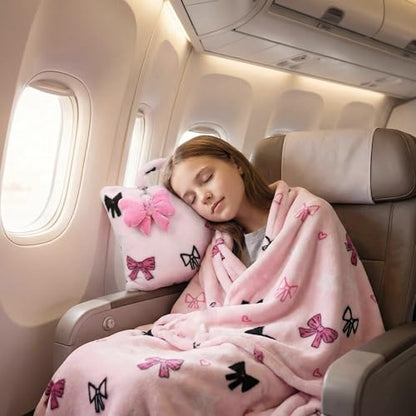 3-in-1 Kids Travel Blanket and Pillow Set, 40x60 Inch Pink Bow Blanket for Girls,Compact Set with Bow Keychain, Ideal Birthday Travel Essential - color: Pink Bow