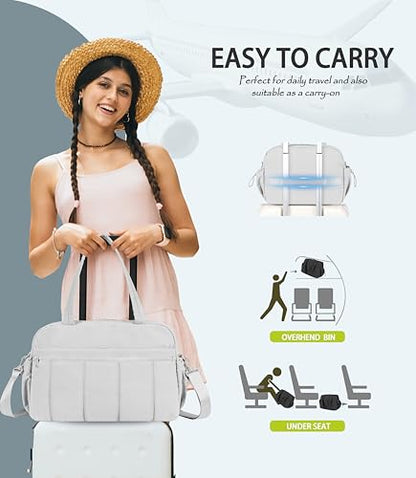 Lightweight Travel Duffle Bag for Women, Quilted Puffy Weekender with Wet Pocket for Gym, Overnight, Personal Item Carry On, Light Grey - color: Light Grey