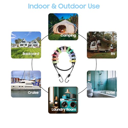 Retractable Portable Travel Clothesline, Clothing Line with 12 Clothes Clips for Indoor Laundry Drying Line with Clothesline Stops, Outdoor Camping Accessories