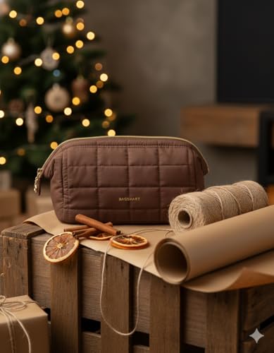 BAGSMART Makeup Bag Travel Toiletry Bag, Puffy Padded Make Up Bags for Women Makeup Organizer Case, Wide-open Pouch Purse Travel Essentials Toiletries Accessories Brushes, Chocolate - color: 12-Chocolate