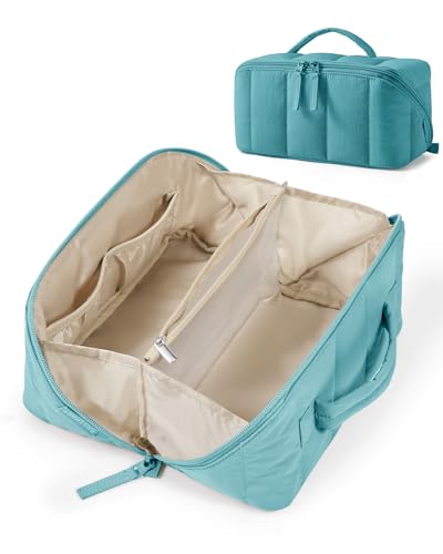BAGSMART Travel Makeup Bag for Women, Portable Water-resistant Cosmetic Case, Puffy Padded Make Up Organizer Pouch, Open Flat Toiletry Bag for Toiletries, Brushes, Green - color: 11-Teal
