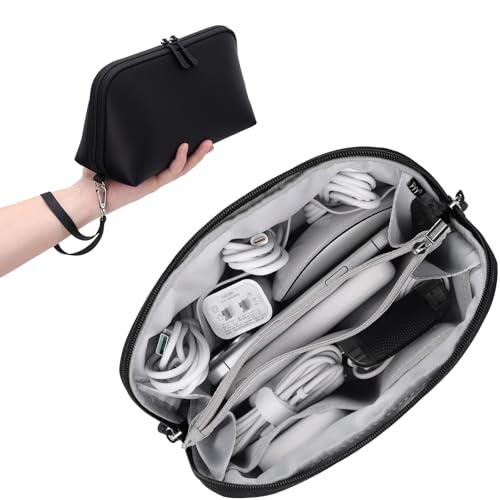 FYY Travel Cable Organizer - 8 Compartments Lightweight Water Resistant Tech Pouch with Wrist Strap, Portable Electronic Accessories Case for Cord Charger Storage for Travel Home Office Black (Large) - color: Black, style: L