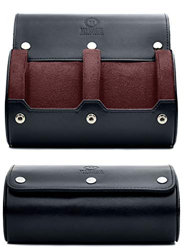 2 Watch Case for Men - Watch Roll Travel Case - Jade Black Motif Vegan Leather - color: Jade Black 2-watch case