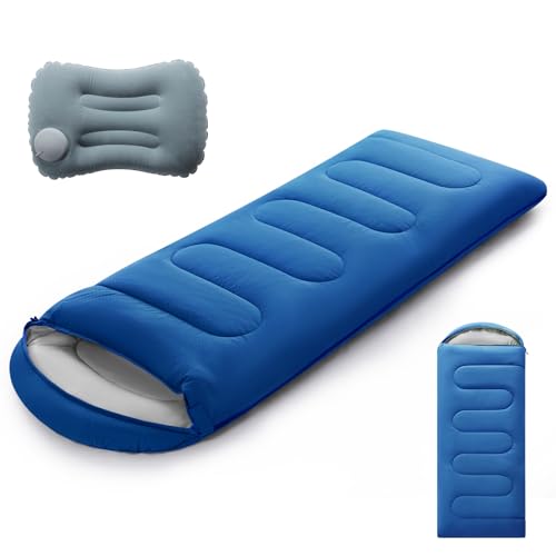 Camping Sleeping Bag for Adults 3-4 Season, Cold Weather Rated Sleeping Bag Waterproof Windproof with Inflatable Pillow, Breathable Foot Zipper, Soft Brushed Fabric, Portable for Outdoor Hiking Travel - color: Blue