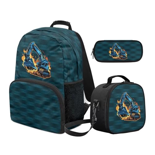 Boys Kids Excavator Backpack and Pencil Case Bundle,3pcs Backpacks with Lunch Box for School Camping Hiking, Back to School Boys, Lightweight School Bookbags - color: Excavator -5