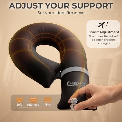 CANDY CANE Inflatable Neck Pillow for Airplane Travel with J-Shaped Design and 360° Support - Head, Neck & Chin Rest for Any Seat, Including Window Leaning - Compact Blow-Up Travel Pillow - color: Black