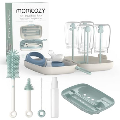 Momcozy Bottle Brush Set - Baby Bottle Cleaner Kit with Silicone Brush, Nipple Brush, Straw Brush, Soap Dispenser, Drying Rack - 7 in 1 Bottle Cleaning Tool for Home and Travel, Green - color: Green, size: Classic Style