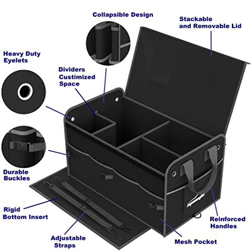 EPAuto Car Trunk Organizer with Adjustable Multi Compartment, Removal Lid and Securing Straps, Black - color: Black, size: 3-Compartment w/ Lids