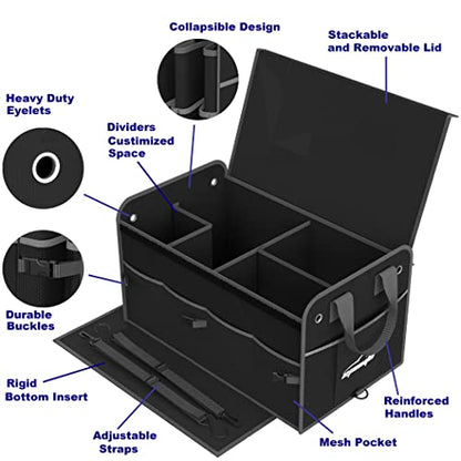 EPAuto Car Trunk Organizer with Adjustable Multi Compartment, Removal Lid and Securing Straps, Black - color: Black, size: 3-Compartment w/ Lids