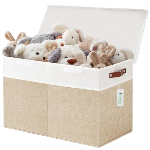 Bagnizer Large Toy Storage Box with Lids, Collapsible Sturdy Baby Storage Organizer Chest Bin Basket for Kids, Boys, Girls, Playroom, Nursery, Bedroom, Closet 25"x13"x16" (Beige and White) - color: Beige and White