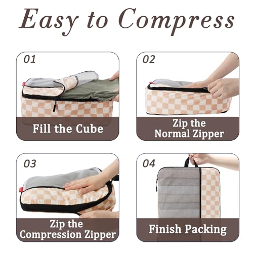 U+U 4 Set Compression Packing Cubes - Ultralight Travel Organizers, Space-Saving Suitcase Organizer, Expandable Packing Cubes for Travel, Business Trip and Family Vacation (Khaki Checkered)