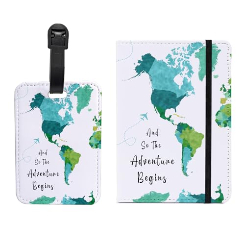 PDE-QUNLIAN Passport Book Holder,Passport Wallet for Men Mr and Mrs Passport Holder for Women Passport Cover World Map Passport Case for Couples Christmas Traveling Luggage Tag 2PCS - color: Green Map 2pcs (Passport Holder + Luggage Tag)