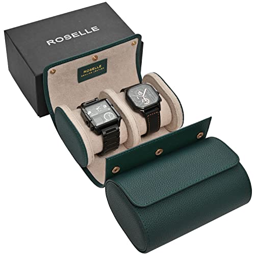 ROSELLE Genuine Leather Watch Roll Travel Case - Watch Roll Case For 2 Watches With Luxury Lining - Protect, Travel,Store, Display Fine Watches (2 slot Green) - color: Green/ White-2