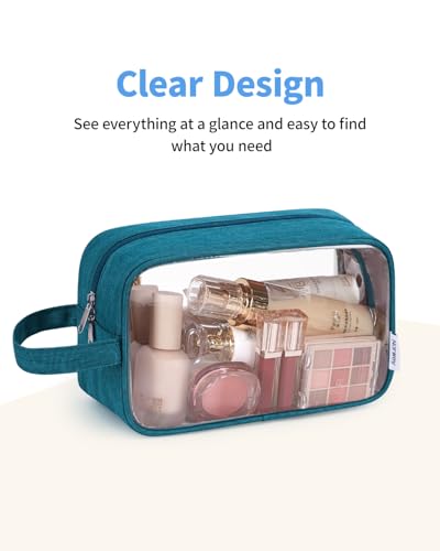 Narwey Clear Travel Toiletry Bags for Traveling Toiletries Men Women, Clear Makeup Bag Cosmetic Bag with Zipper, Make Up Pouch Organizer Bag with Handle, Skincare Beach Snack Medicine Bag, Teal - color: Clear-Teal