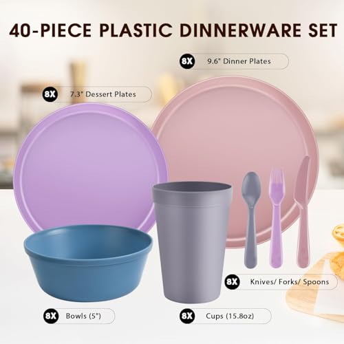 40 Piece Plastic Dinnerware Set for 8 with Cutlery, Unbreakable Plates and Bowls Set, Dishwasher & Microwave Safe Reusable Dish Set for Camping, RV, Outdoor Kitchen, Apartment Dining,Pastel Multicolo - color: Pastel