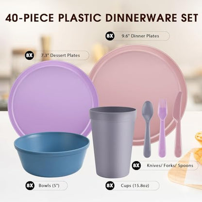40 Piece Plastic Dinnerware Set for 8 with Cutlery, Unbreakable Plates and Bowls Set, Dishwasher & Microwave Safe Reusable Dish Set for Camping, RV, Outdoor Kitchen, Apartment Dining,Pastel Multicolo - color: Pastel