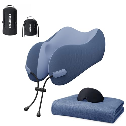 urnexttour Neck Pillow and Blanket Set for Travel Memory Foam Design Models Pillows with Eye Mask and 50% More Storage Bag Traveling Essentials Plane Car Flight Rest Sleeping Use Adult, Blue - color: Blue
