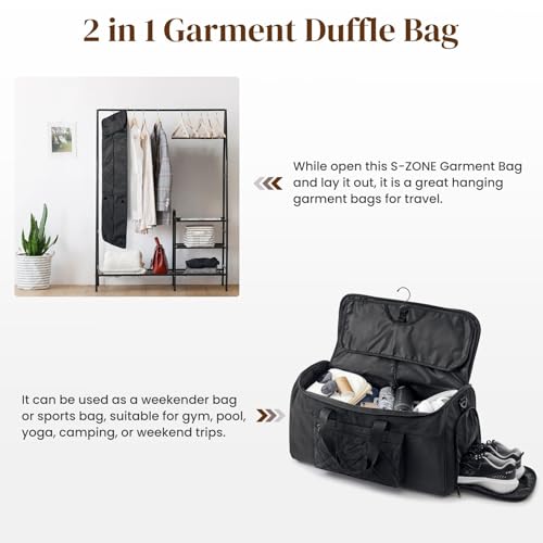 S-ZONE Garment Duffle Bags for Travel Carry on Convertible 2 in 1 Suit Bags Hanging Suitcase with Toiletry Bag 50L - color: Black