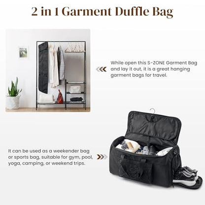 S-ZONE Garment Duffle Bags for Travel Carry on Convertible 2 in 1 Suit Bags Hanging Suitcase with Toiletry Bag 50L - color: Black