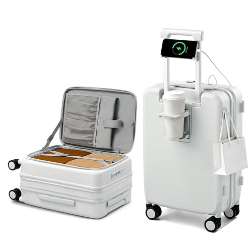 Hanke 20 Inch Expandable Carry On Luggage with Cup Holder 22x14x9 Airline Approved, Top Opening Hard Shell Suitcases with Wheels, Carry-On Travel Suitcase Trunk Luggage with Lock, Smoke White - color: Smoke White, size: Expandable 20 Inch