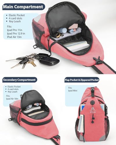 Sling Backpack for Women & Men, Crossbody Travel Bag with Water Bottle Holders, 17 Pockets, Quick-Access Phone Pocket, Hidden Security Pocket, Fits 11" Tablet, for Daily Carry, Travel, Theme Parks - color: M-rosehip