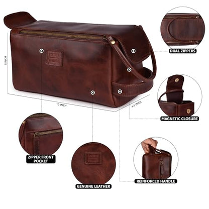 LEATHER VILLAGE Genuine Leather Travel Toiletry Bag - Water-Resistant Dopp Kit for Toiletries, Large Shaving Bag & Bathroom Organizer - Gift for Men & Women - Cherry Brown - color: Cherry Brown